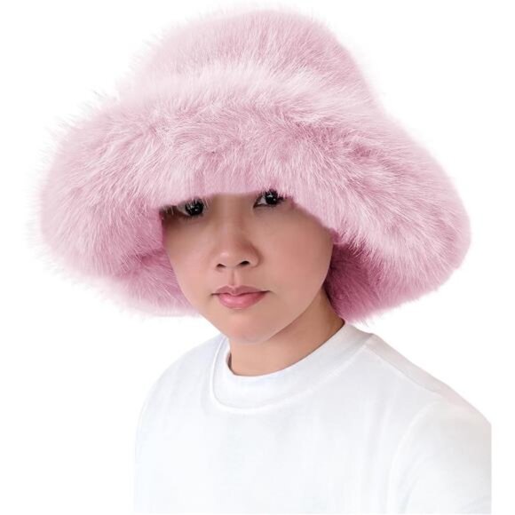 Oversized Winter Faux Fur Bucket Hat for Women Ice Pink - Picture 1 of 3